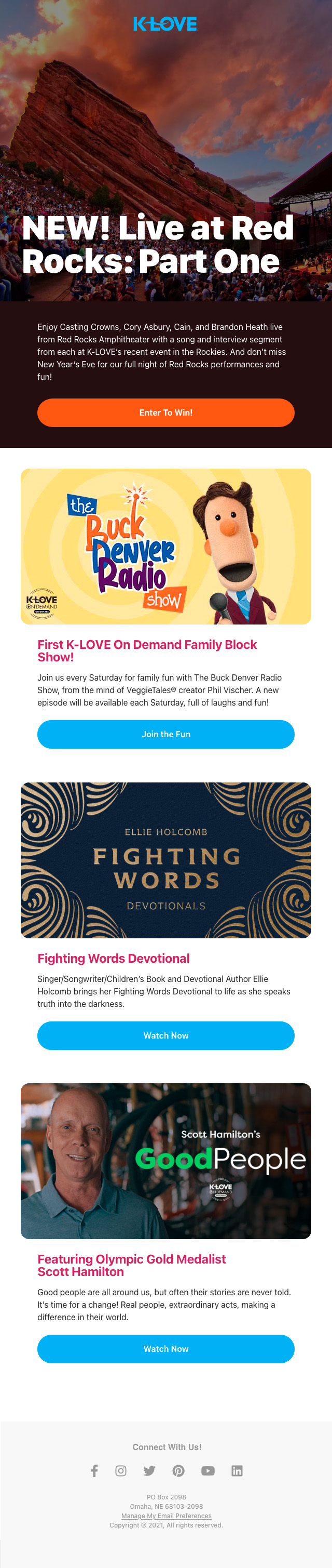 A variant of the K-LOVE email design using alternate brand colors.