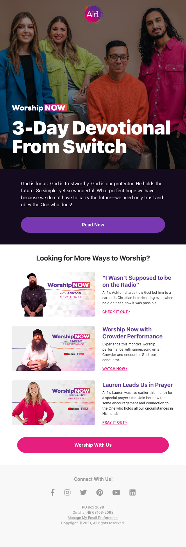 The email design re-skinned to fit Air1's Worship Now series.