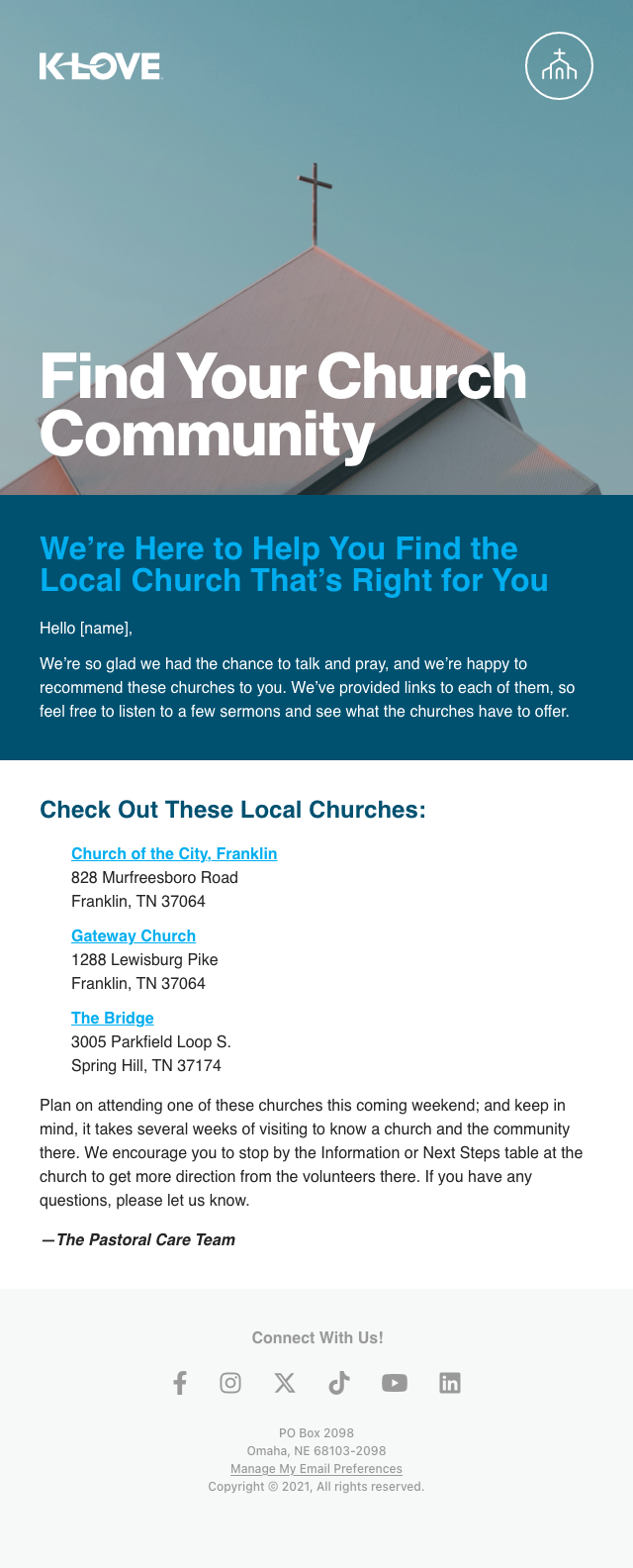 First send in the Connect to Church Campaign.