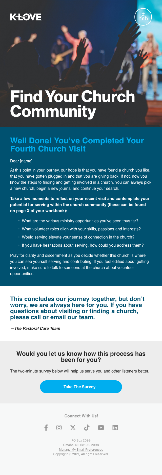 Final send in the Connect to Church Campaign.